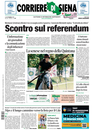 Prima pagina Corriere di Siena di oggi - Quotidiano regionale