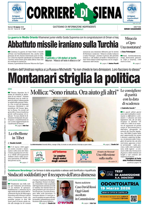 Prima pagina Corriere di Siena di oggi - Quotidiano regionale