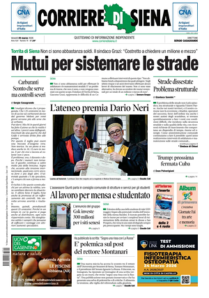 Prima pagina Corriere di Siena di oggi - Quotidiano regionale