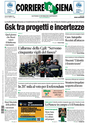 Prima pagina Corriere di Siena di oggi - Quotidiano regionale