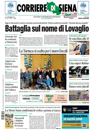 Prima pagina Corriere di Siena di oggi - Quotidiano regionale