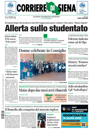 Prima pagina Corriere di Siena di oggi - Quotidiano regionale