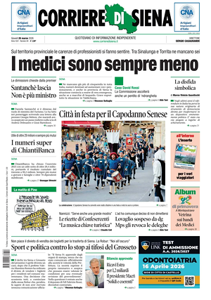 Prima pagina Corriere di Siena di oggi - Quotidiano regionale