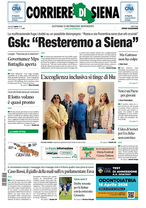 Prima pagina Corriere di Siena di oggi - Quotidiano regionale