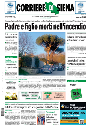 Prima pagina Corriere di Siena di oggi - Quotidiano regionale