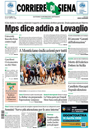 Prima pagina Corriere di Siena di oggi - Quotidiano regionale