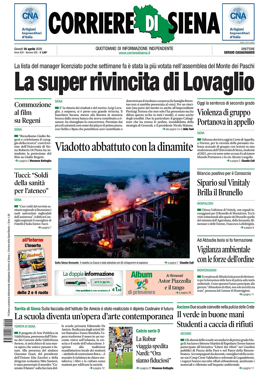 Prima pagina Corriere di Siena di oggi - Edicola 16 Aprile 2026