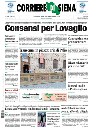 Prima pagina Corriere di Siena di oggi - Quotidiano regionale