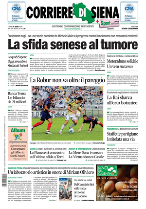 Prima pagina Corriere di Siena di oggi - Quotidiano regionale