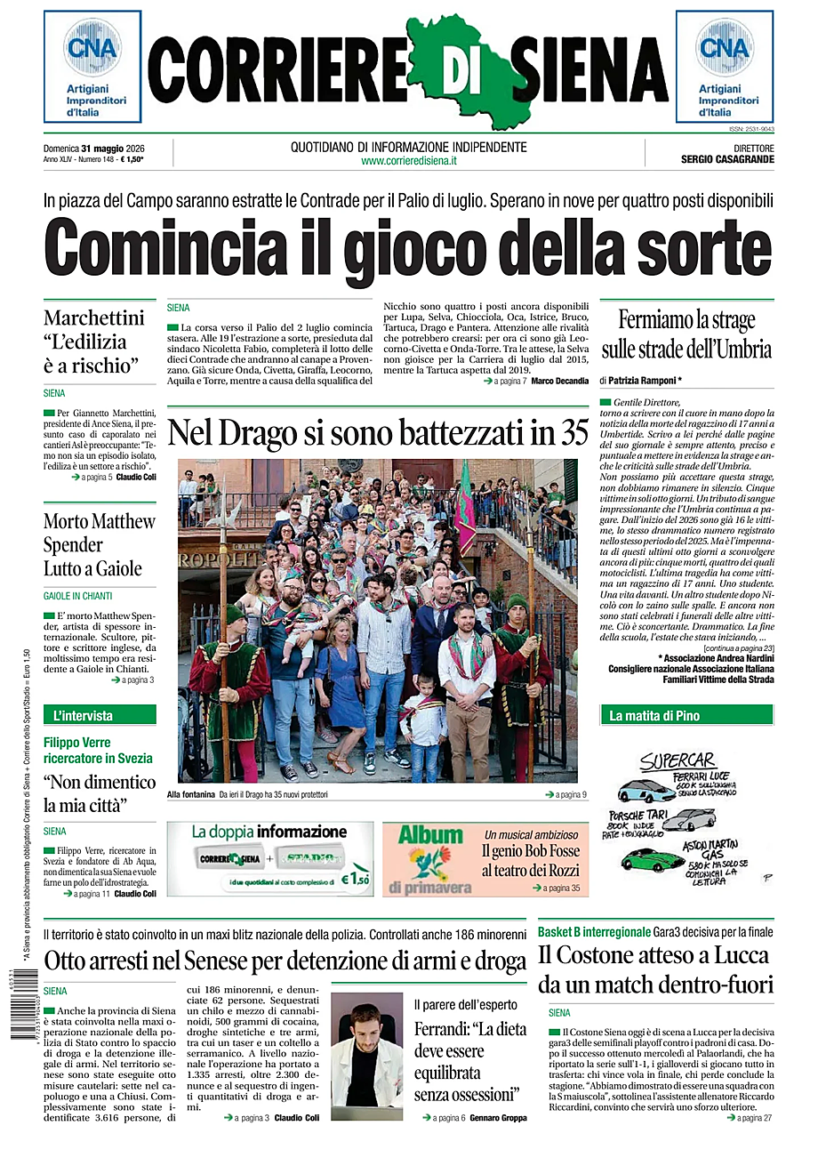 Prima pagina Corriere di Siena di oggi - Edicola 31 Maggio 2026