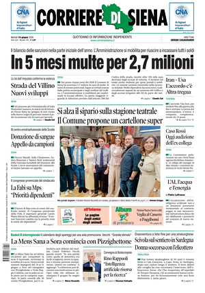 Prima pagina Corriere di Siena di oggi - Quotidiano regionale