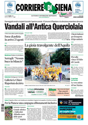 Prima pagina Corriere di Siena di oggi - Quotidiano regionale