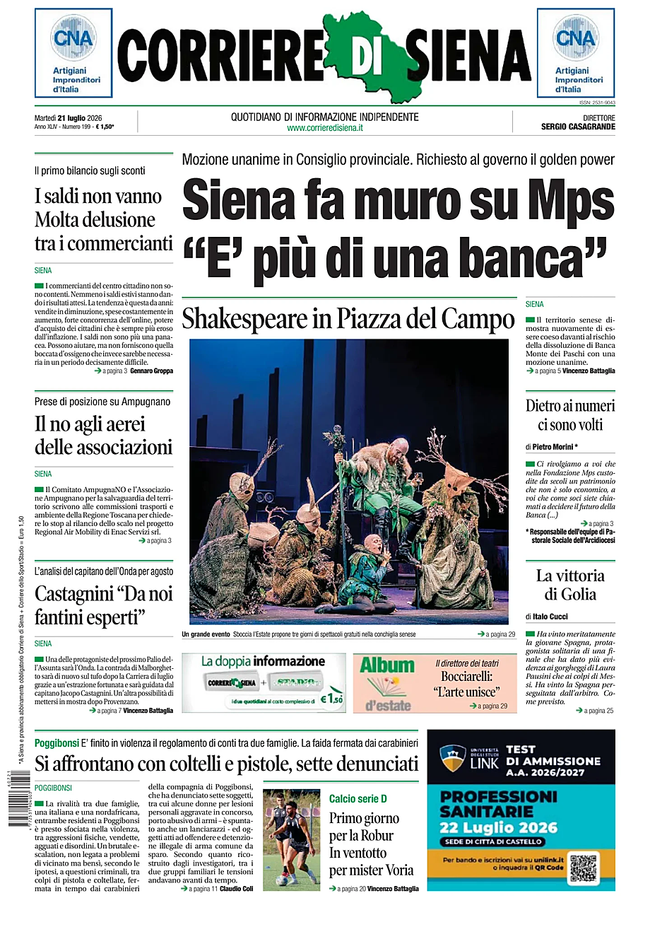 Prima pagina Corriere di Siena di oggi - Edicola 21 Luglio 2026