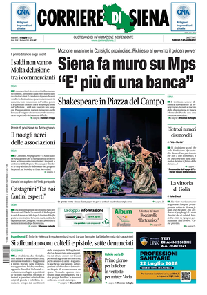 Prima pagina Corriere di Siena di oggi - Quotidiano regionale