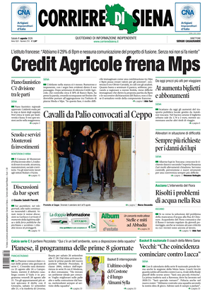 Prima pagina Corriere di Siena di oggi - Quotidiano regionale