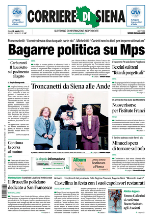 Prima pagina Corriere di Siena di oggi - Quotidiano regionale