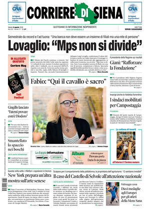 Prima pagina Corriere di Siena di oggi - Quotidiano regionale