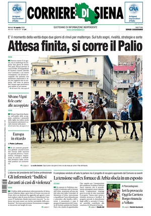 Prima pagina Corriere di Siena di oggi - Quotidiano regionale