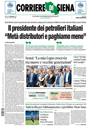 Prima pagina Corriere di Siena di oggi - Quotidiano regionale