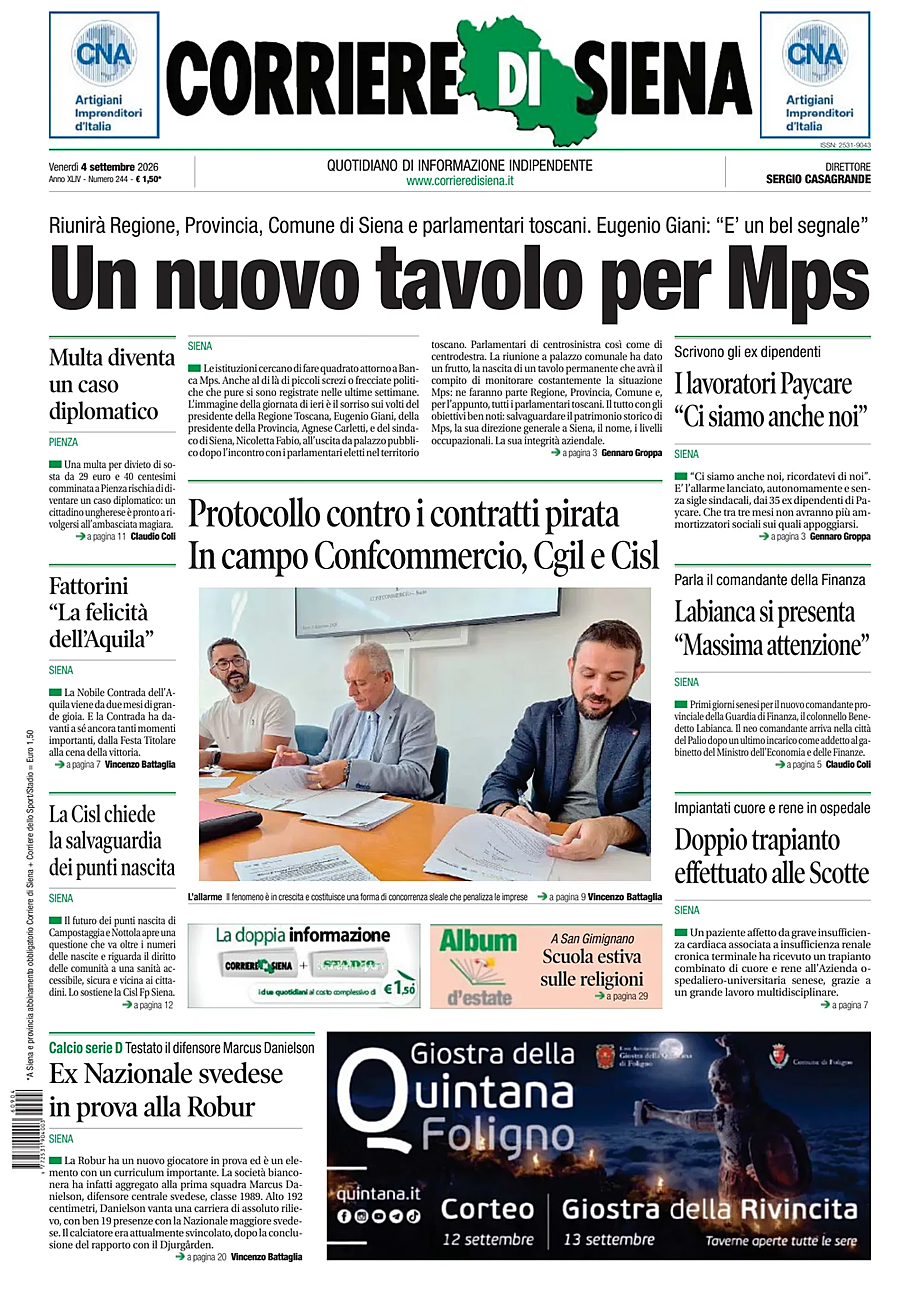 Prima pagina Corriere di Siena di oggi - Edicola 4 Settembre 2026