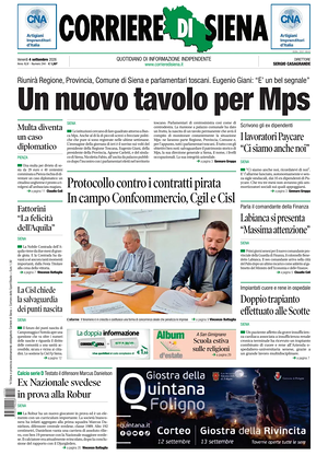Prima pagina Corriere di Siena di oggi - Quotidiano regionale