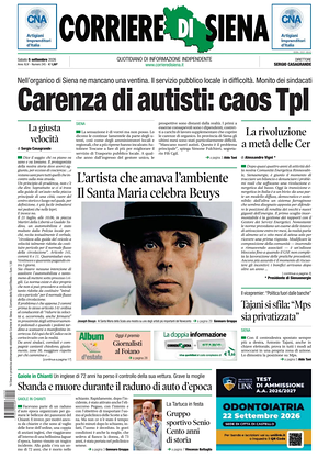 Prima pagina Corriere di Siena di oggi - Quotidiano regionale