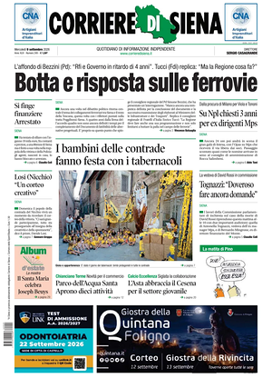 Prima pagina Corriere di Siena di oggi - Quotidiano regionale