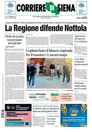Prima pagina Corriere di Siena di oggi - Quotidiano regionale