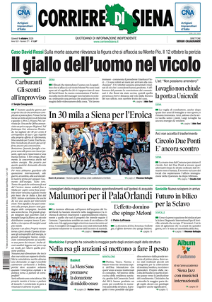 Prima pagina Corriere di Siena di oggi - Quotidiano regionale