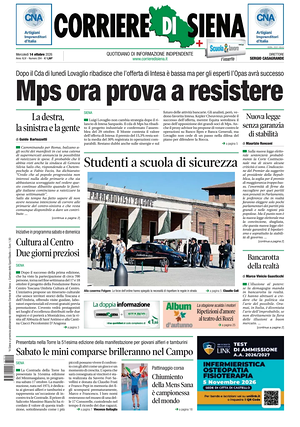 Prima pagina Corriere di Siena di oggi - Quotidiano regionale