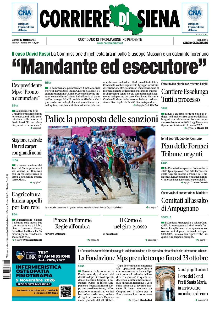 Prima pagina Corriere di Siena di oggi - Edicola 20 Ottobre 2026