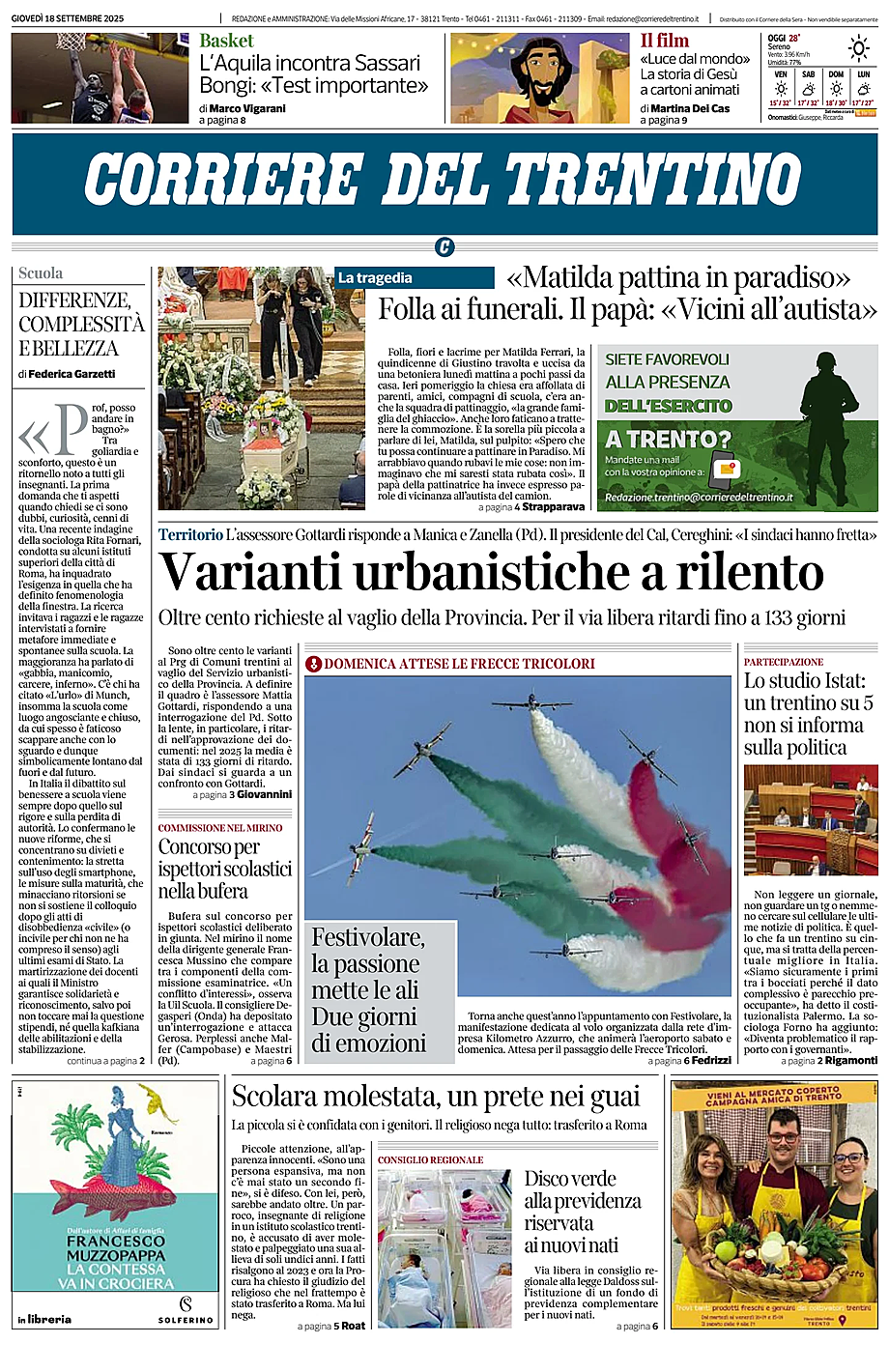 Prima pagina Corriere del Trentino di oggi - Edicola 18 Settembre 2025