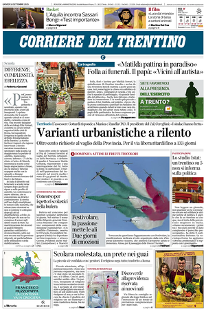 Prima pagina Corriere del Trentino di oggi - Quotidiano regionale