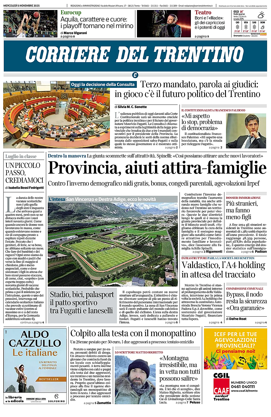 Prima pagina Corriere del Trentino di oggi - Edicola 5 Novembre 2025