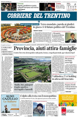 Prima pagina Corriere del Trentino di oggi - Quotidiano regionale