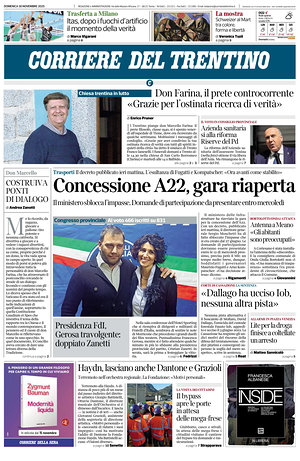 Prima pagina Corriere del Trentino di oggi - Quotidiano regionale