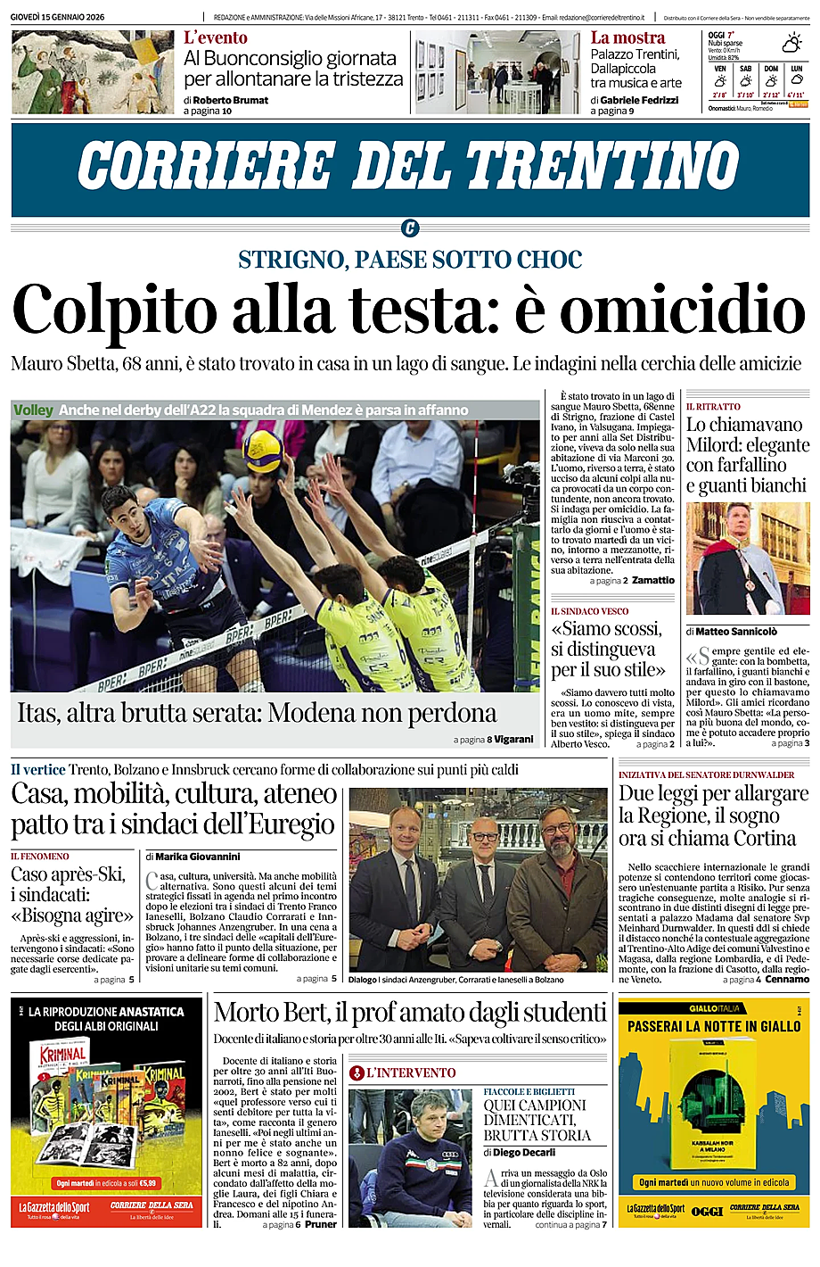 Prima pagina Corriere del Trentino di oggi - Edicola 15 Gennaio 2026