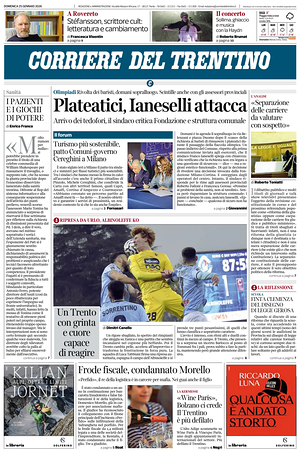 Prima pagina Corriere del Trentino di oggi - Quotidiano regionale