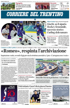 Prima pagina Corriere del Trentino di oggi - Quotidiano regionale
