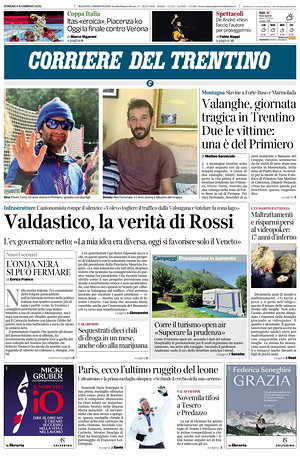 Prima pagina Corriere del Trentino di oggi - Quotidiano regionale