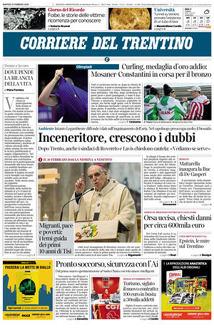 Prima pagina Corriere del Trentino di oggi - Quotidiano regionale