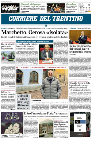 Prima pagina Corriere del Trentino di oggi - Quotidiano regionale