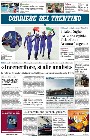 Prima pagina Corriere del Trentino di oggi - Quotidiano regionale