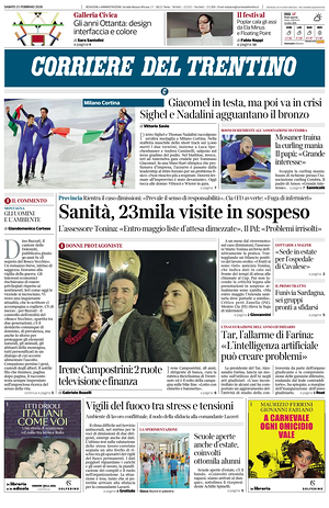 Prima pagina Corriere del Trentino di oggi - Quotidiano regionale
