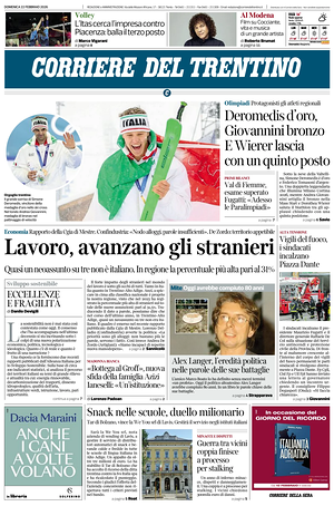 Prima pagina Corriere del Trentino di oggi - Quotidiano regionale