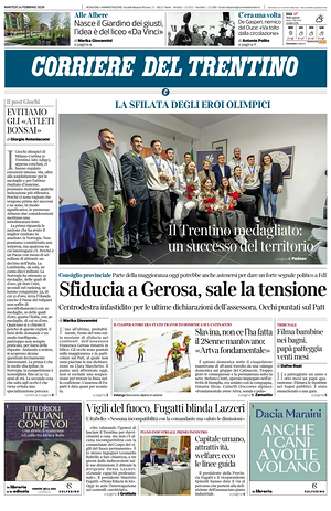 Prima pagina Corriere del Trentino di oggi - Quotidiano regionale