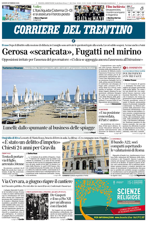 Prima pagina Corriere del Trentino di oggi - Quotidiano regionale