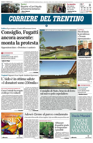 Prima pagina Corriere del Trentino di oggi - Quotidiano regionale