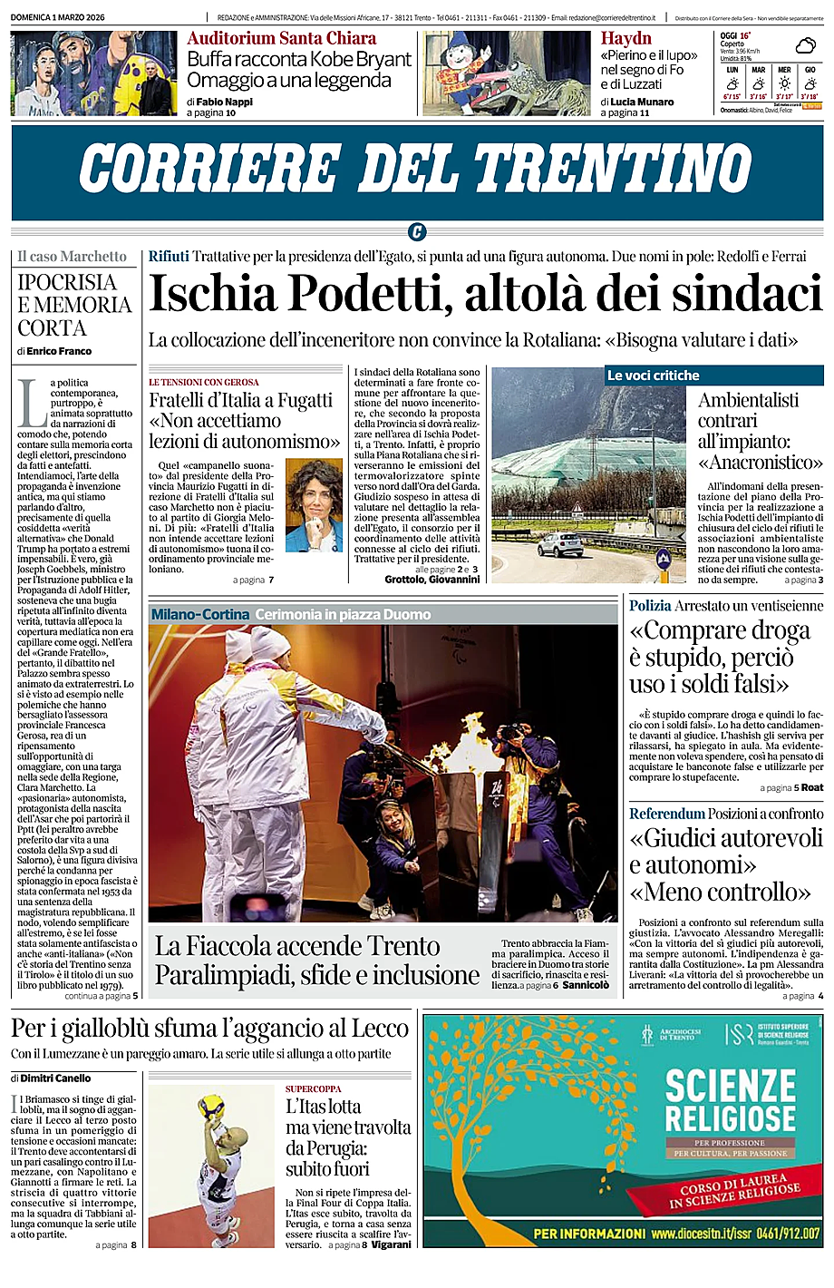 Prima pagina Corriere del Trentino di oggi - Edicola 1 Marzo 2026