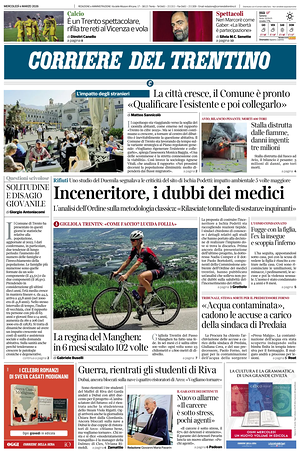 Prima pagina Corriere del Trentino di oggi - Quotidiano regionale